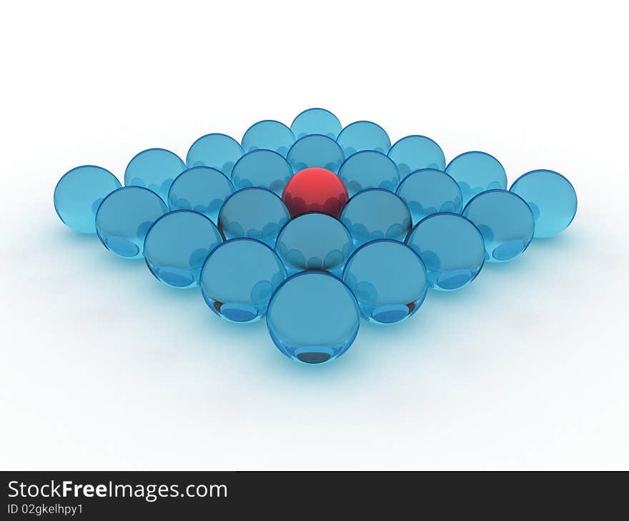 Illustration of blue glass balls, with one red inside