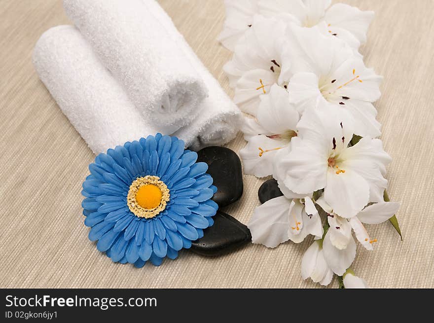 Towels; rocks; flower and blue gerber daisy. Towels; rocks; flower and blue gerber daisy