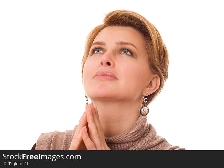 Portrait of young woman on white background