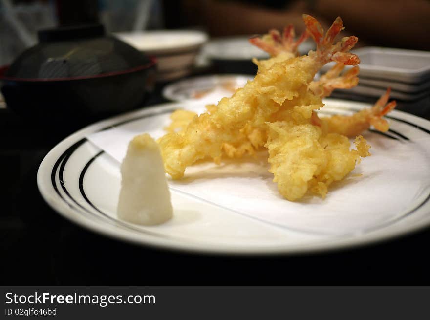 Japanese Food Ebi, deep fried shrimp in a plate