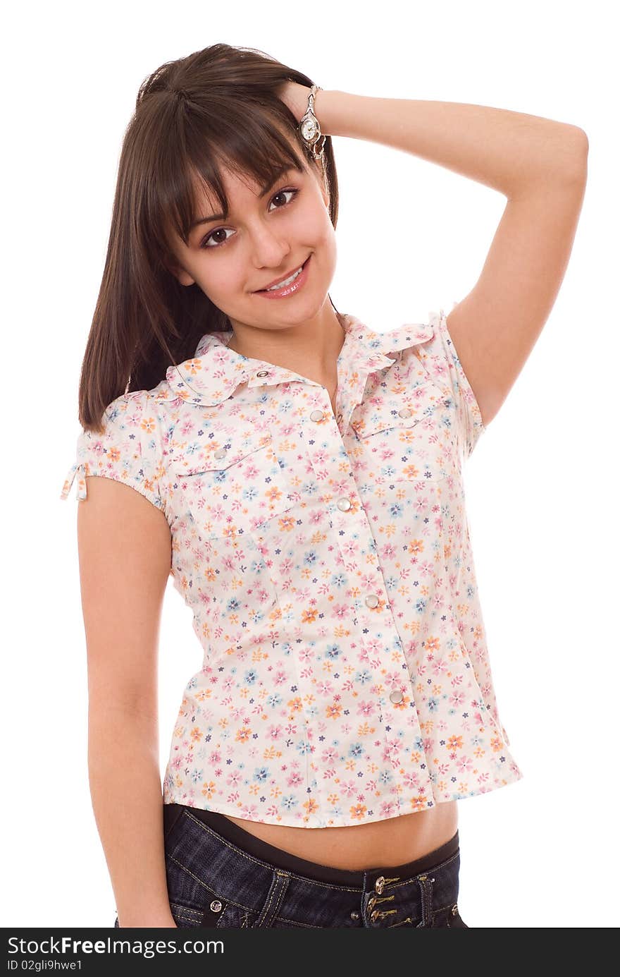 Young girl smiling on a white background. Young girl smiling on a white background