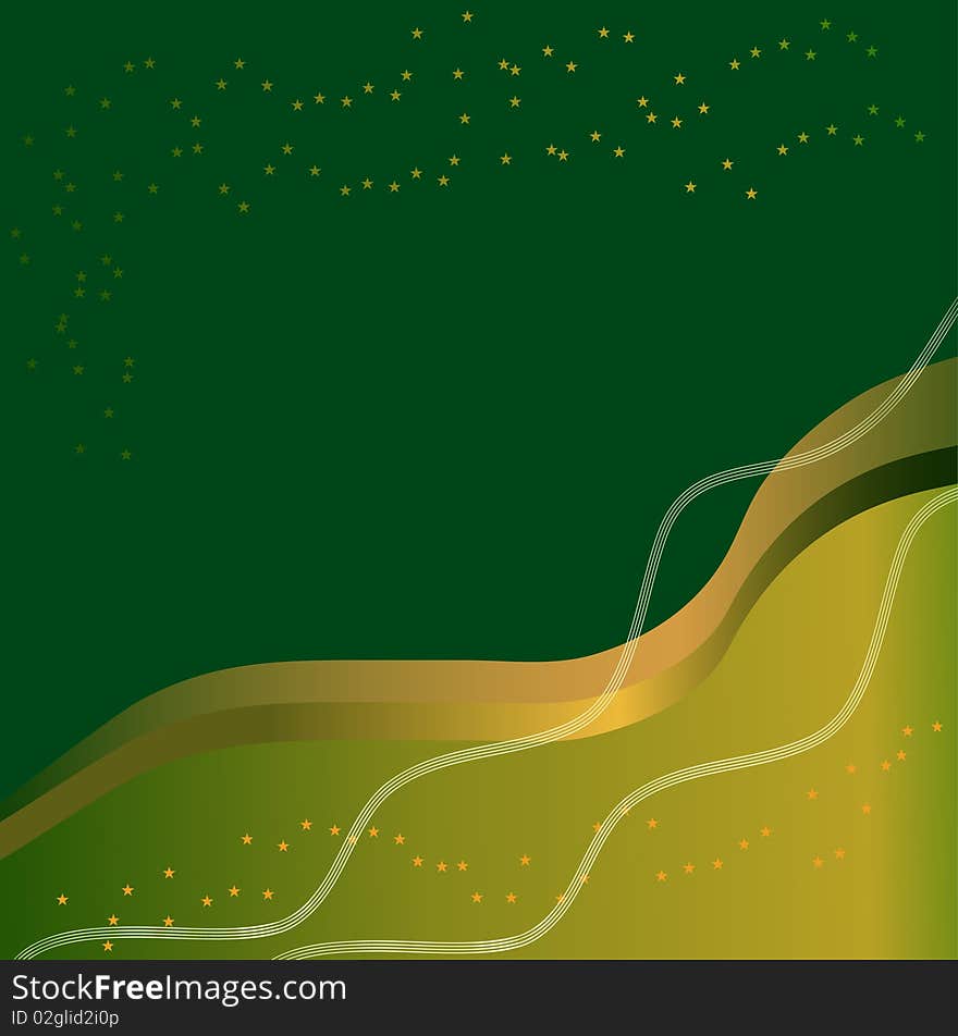 Abstract golden-green background with waves and stars. Abstract golden-green background with waves and stars