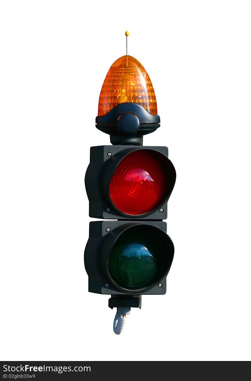 Small traffic light with warning lights isolated on white background. Clipping path included. Small traffic light with warning lights isolated on white background. Clipping path included.