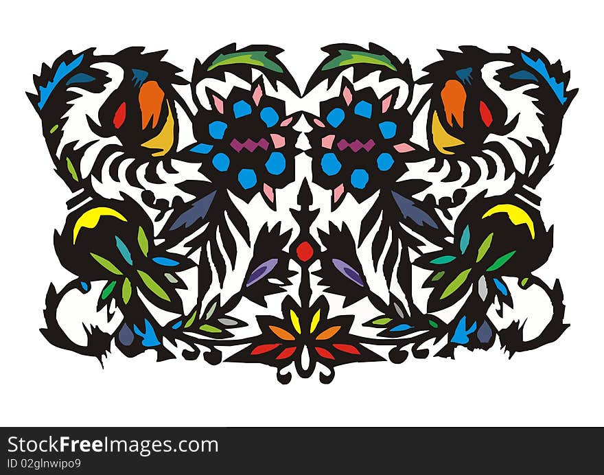 Symmetrical decorative patterns consisting of flowers and leaves on a white background