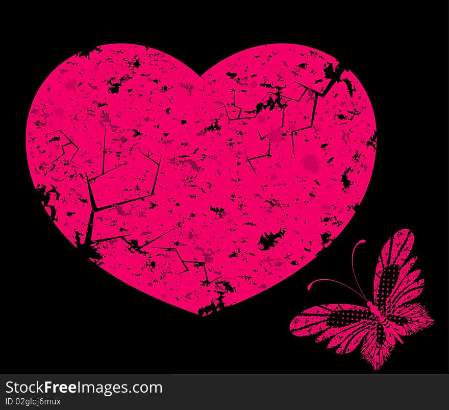 Grunge heart with tropical butterfly. Grunge heart with tropical butterfly