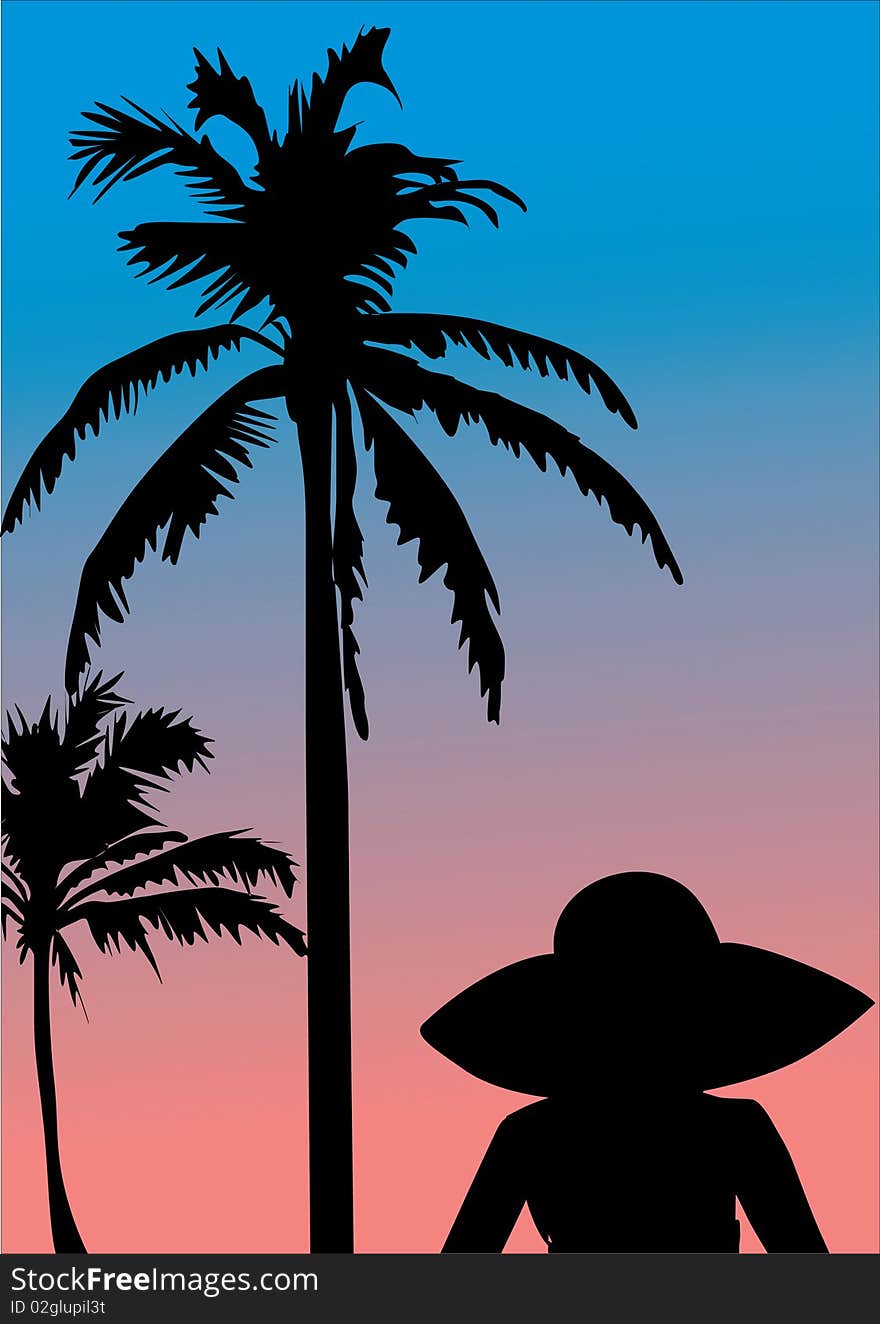 Illustration with palm and woman silhouettes at sunset