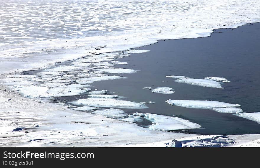 Melting Lake Baikal. Spring. Close up.