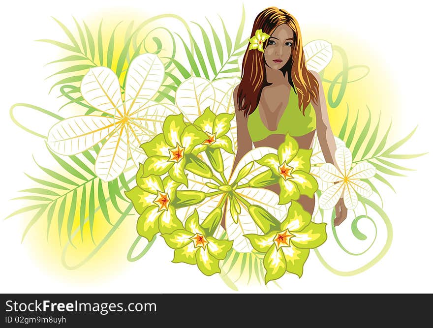 Vector illustration of a beautiful young girl in bikini and surrounded by flowers. Vector illustration of a beautiful young girl in bikini and surrounded by flowers.