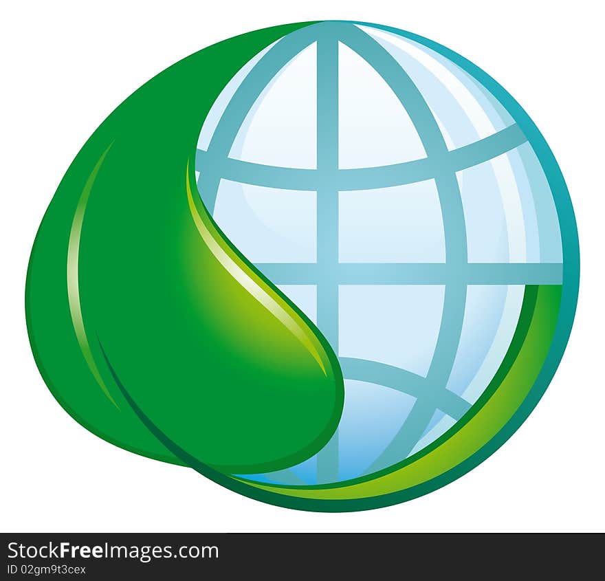 Ecological symbol. Green leaf embraces a planet. Ecological symbol. Green leaf embraces a planet