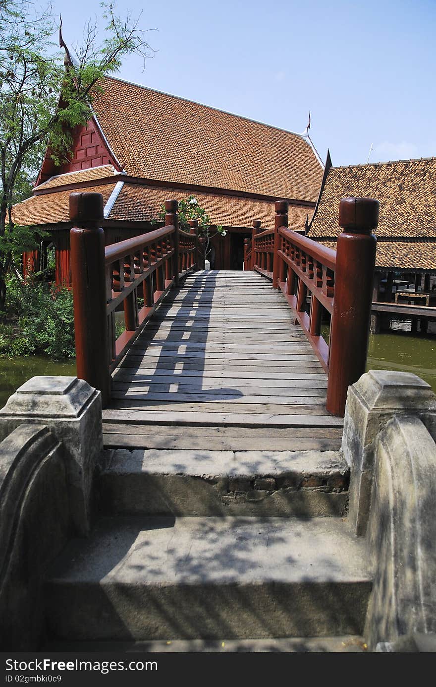 Red Wooden Bridge in Thai Ancient City