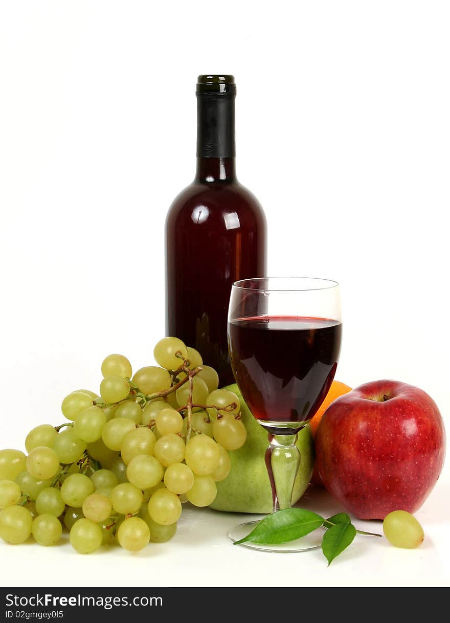 Wine and fruit on a white background