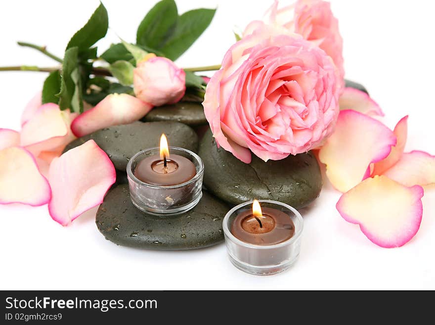 Rose and candle on a white background