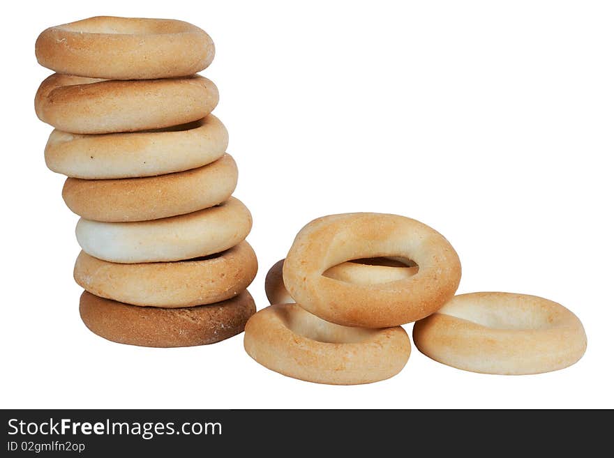 Round bagels on white background