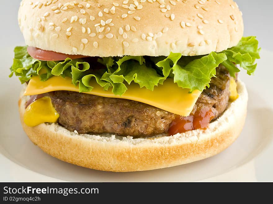 Cheeseburger with lettuce and tomato on white plate