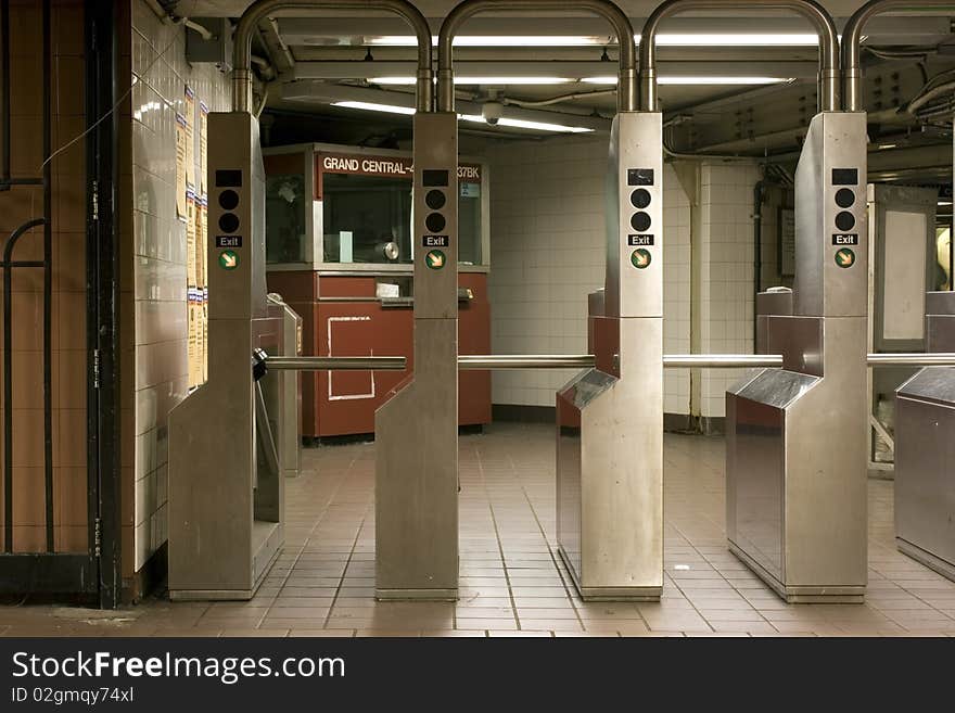 Exit turnstiles in a subway station, New York City