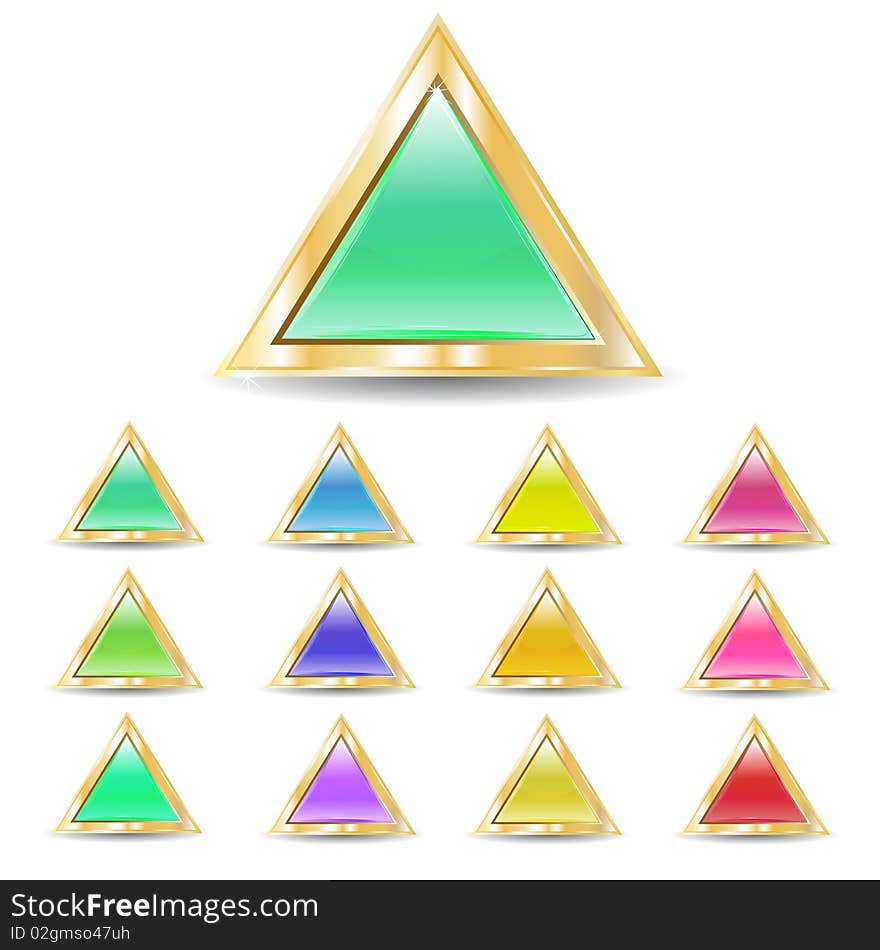 Several brilliant varicoloured triangular buttons on gold base