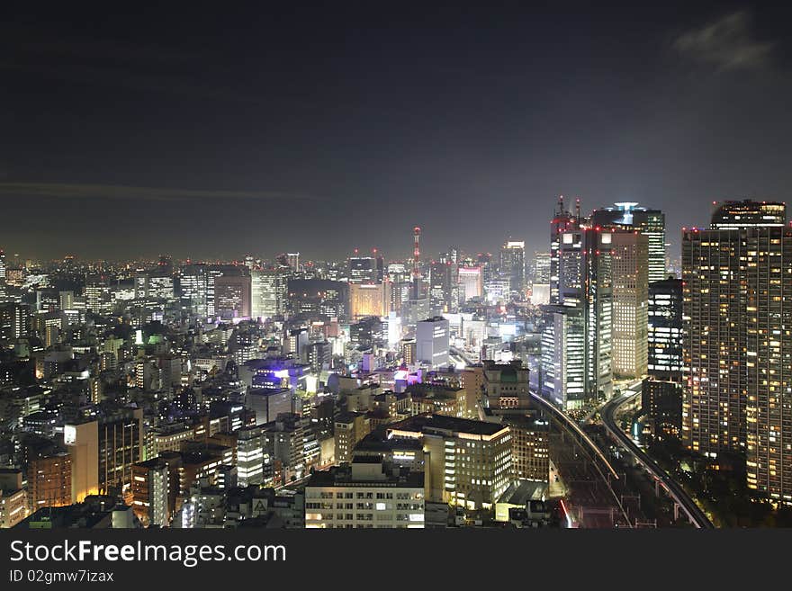 Illuminated Tokyo City in Japan at night from high above