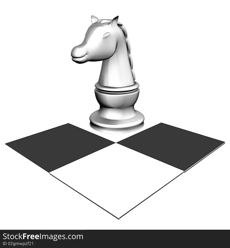 A knight, made of silver, resting on a chessboard. A knight, made of silver, resting on a chessboard