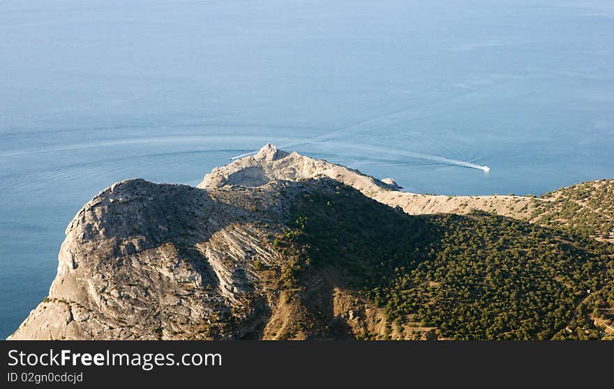 Crimea mountains and Black sea landscape with boats. Crimea mountains and Black sea landscape with boats