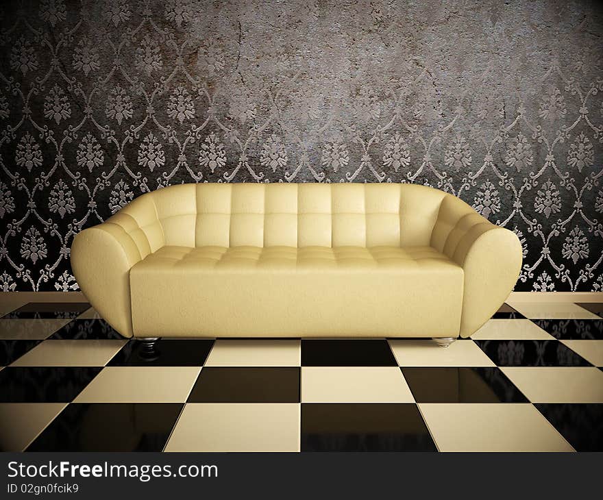 Milky leather divan on black-and-white floor