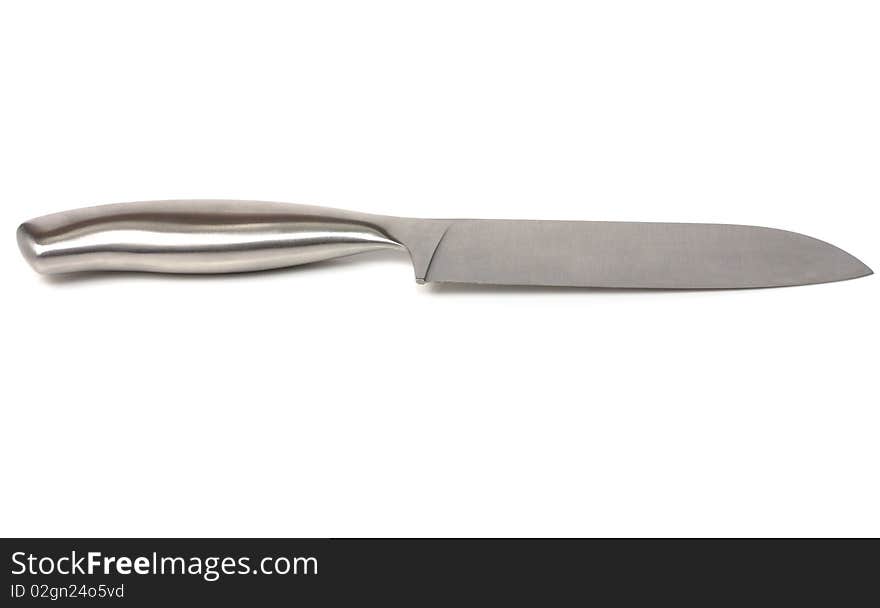 Large metallic knife on a white background