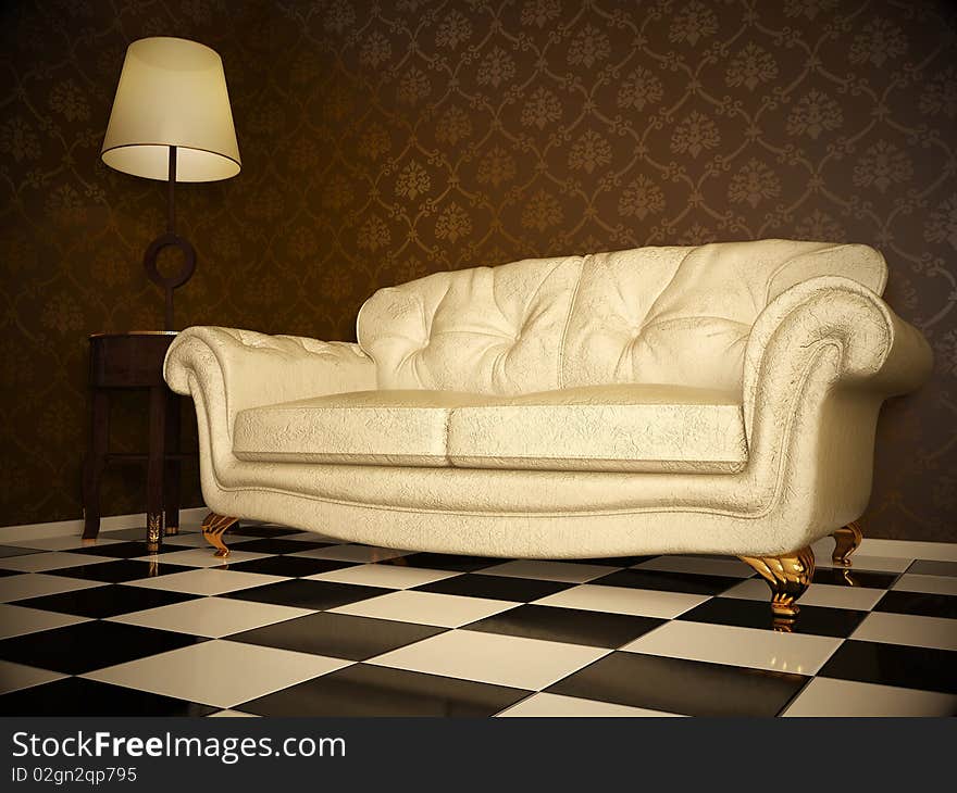 Milky leather sofa in darkness room