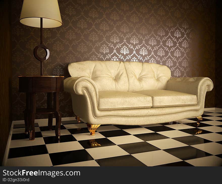 Milky leather sofa in darkness room