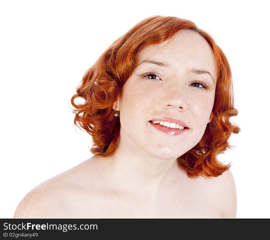 Redhead girl with freckles isolated on white. Redhead girl with freckles isolated on white