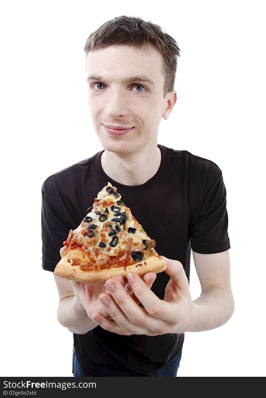 Young man with pizza isolated on white