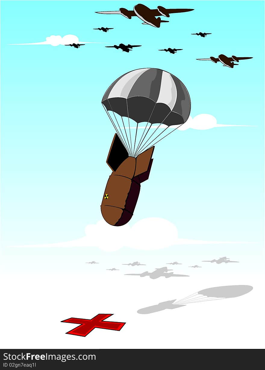 Flying aircrafts and falling bomb illustration