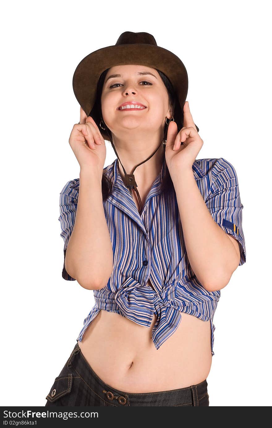 Beautiful young caucasian girl in a cowboy hat over white background. Beautiful young caucasian girl in a cowboy hat over white background