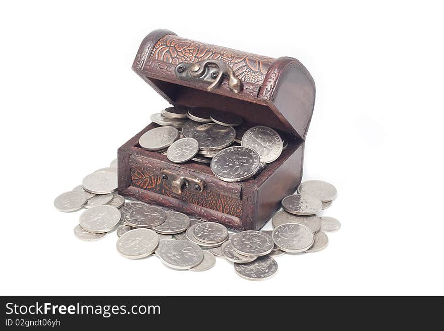 Malaysia coins consist of 10 cents, 20 cents and 50 cents in treasure chest. Malaysia coins consist of 10 cents, 20 cents and 50 cents in treasure chest