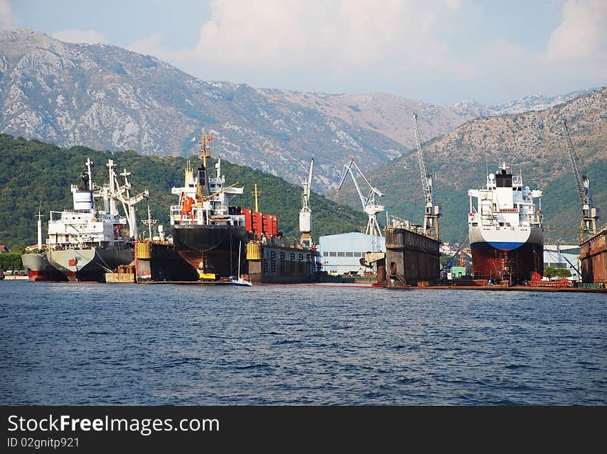 Few ship in dry dock in shipyard