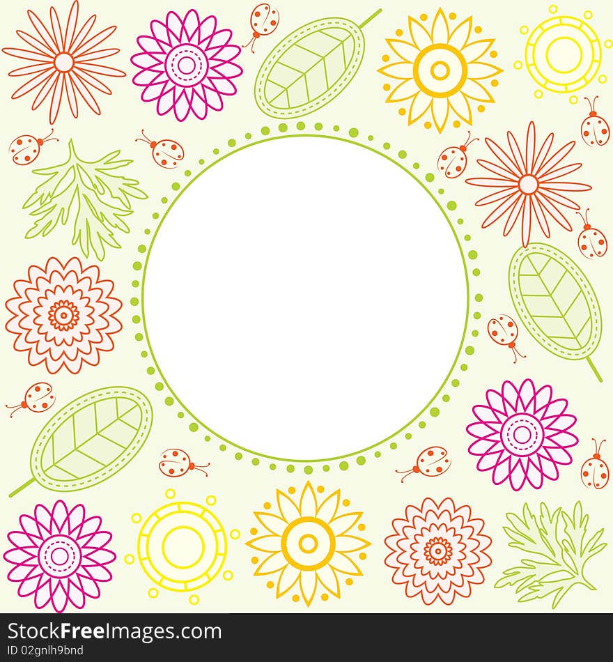 Colourful frame with flowers, leaves and ladybirds. Colourful frame with flowers, leaves and ladybirds.