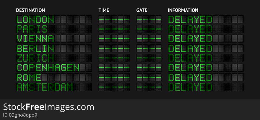 Airport Flight Information Board Showing Delayed State. Airport Flight Information Board Showing Delayed State.