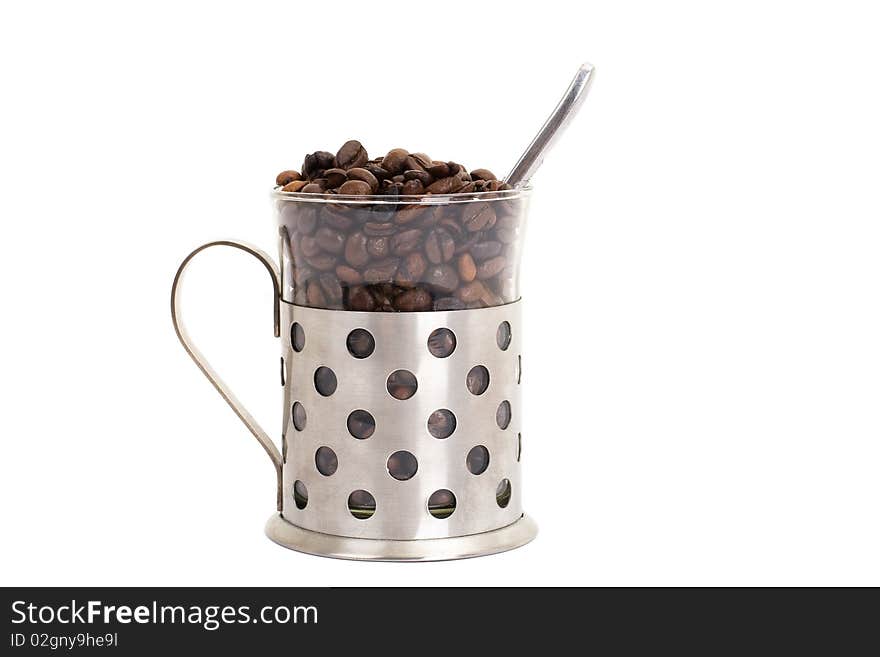 Series. Glass cup with coffee and beans isolated on white