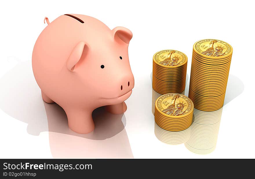 Piggy bank with gold coins on white background. Piggy bank with gold coins on white background