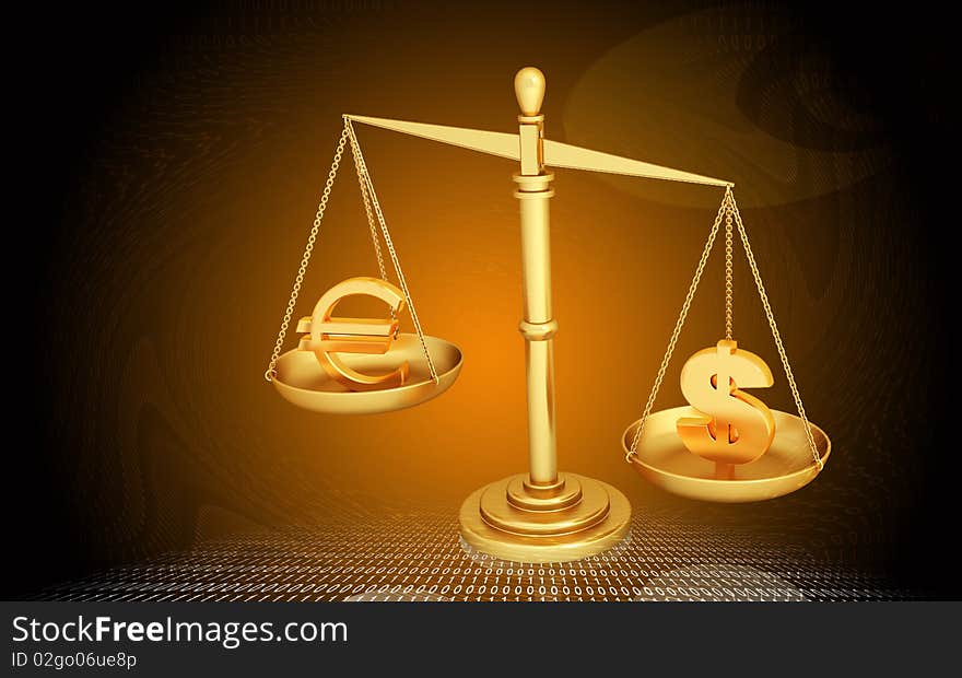 Digital illustration of balancing scale  euro and dollar in color background