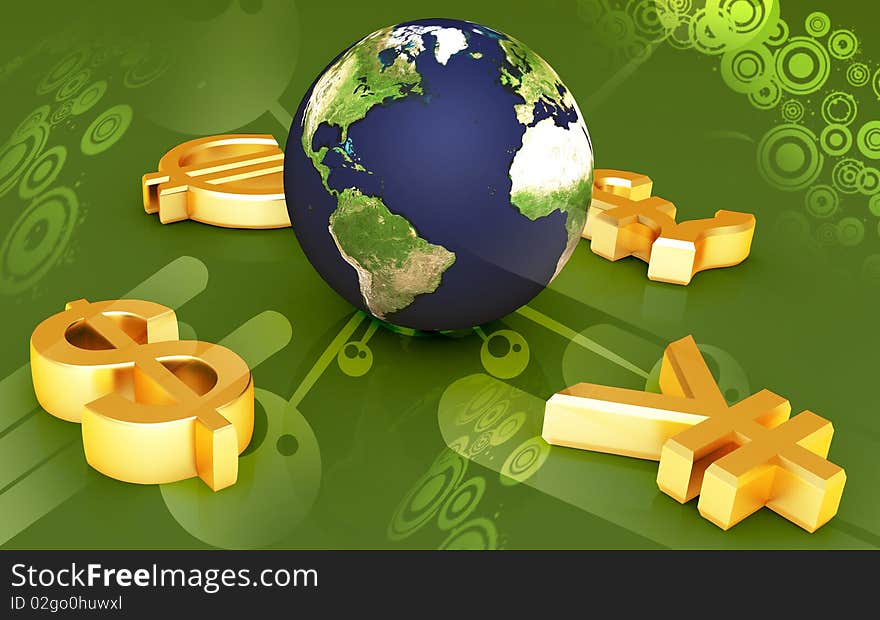 Digital illustration of world and world currency in color background