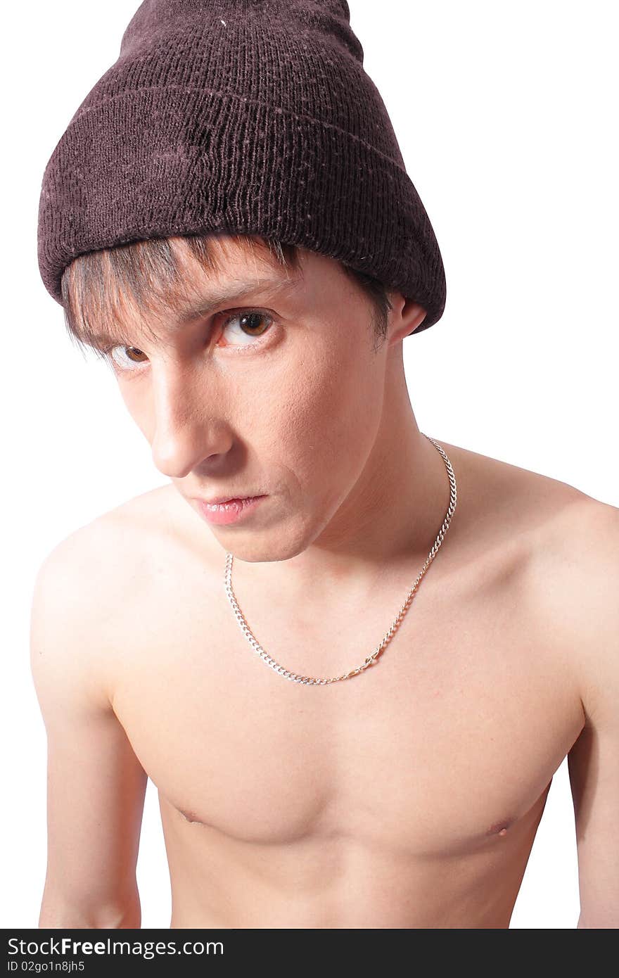 Closeup pensive man in cap,on white background (isolated)