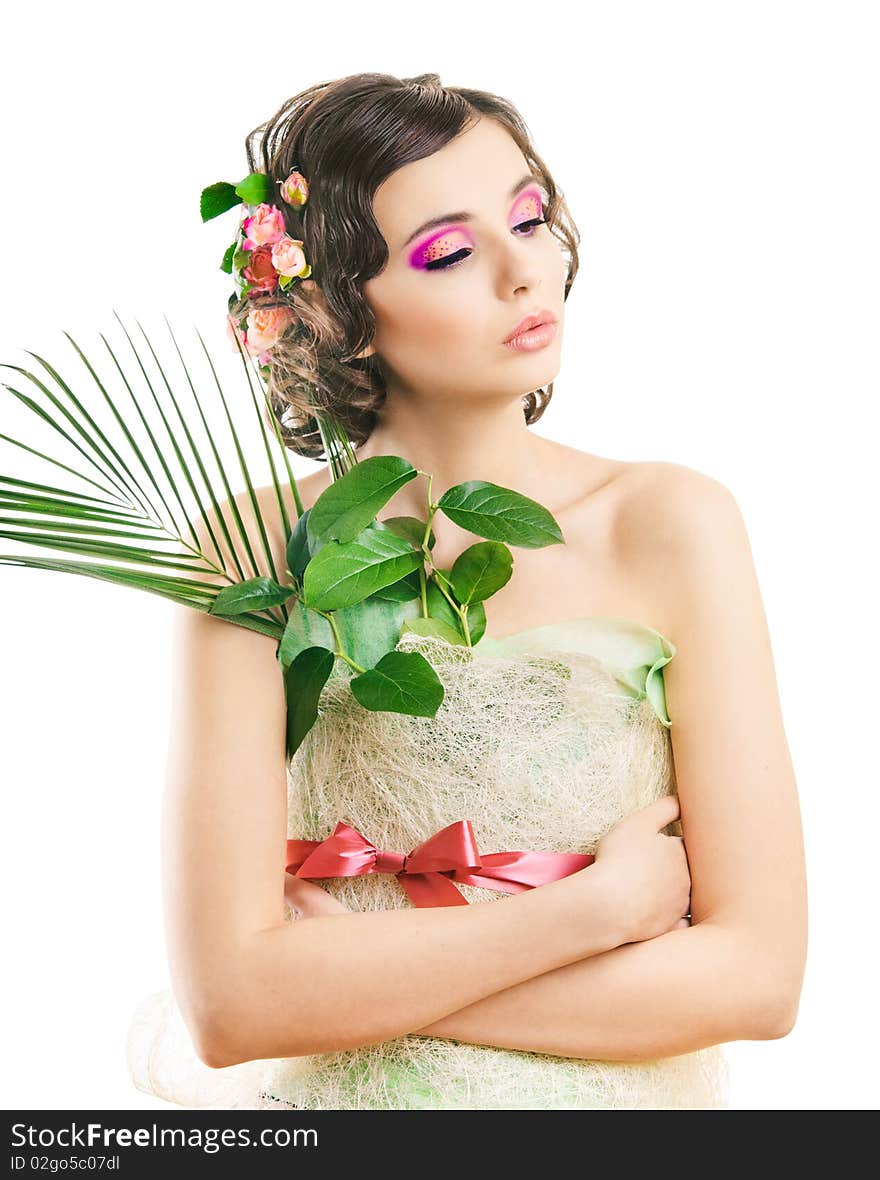 Young Pretty Girl With Green Leaf