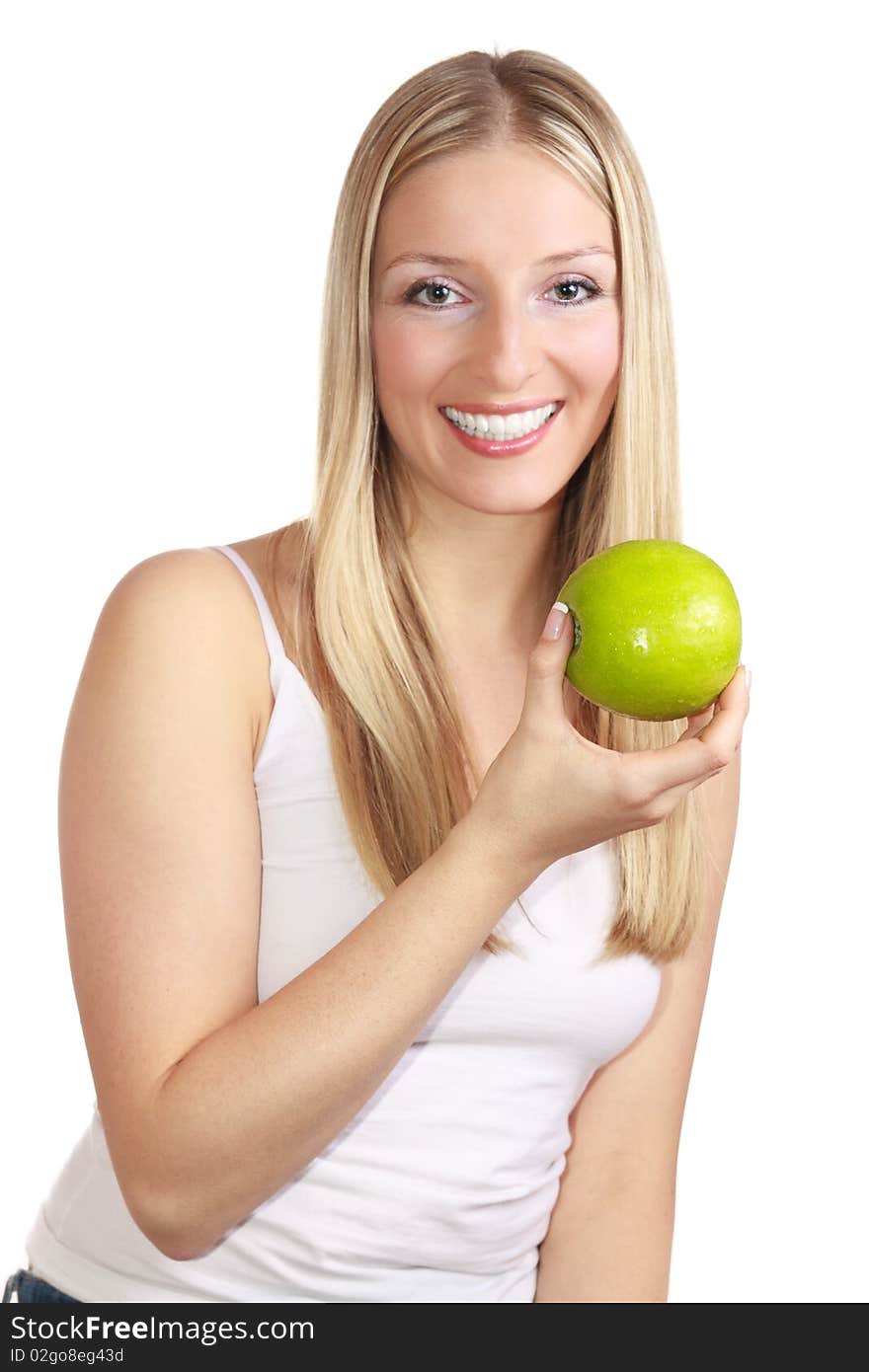 Caucasian blond woman with apple on isolated background