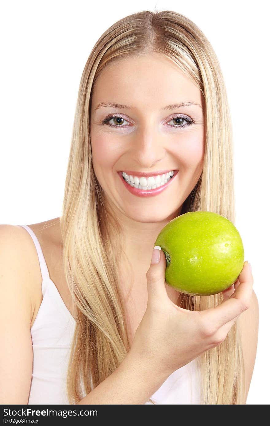 Caucasian blond woman with apple on isolated background