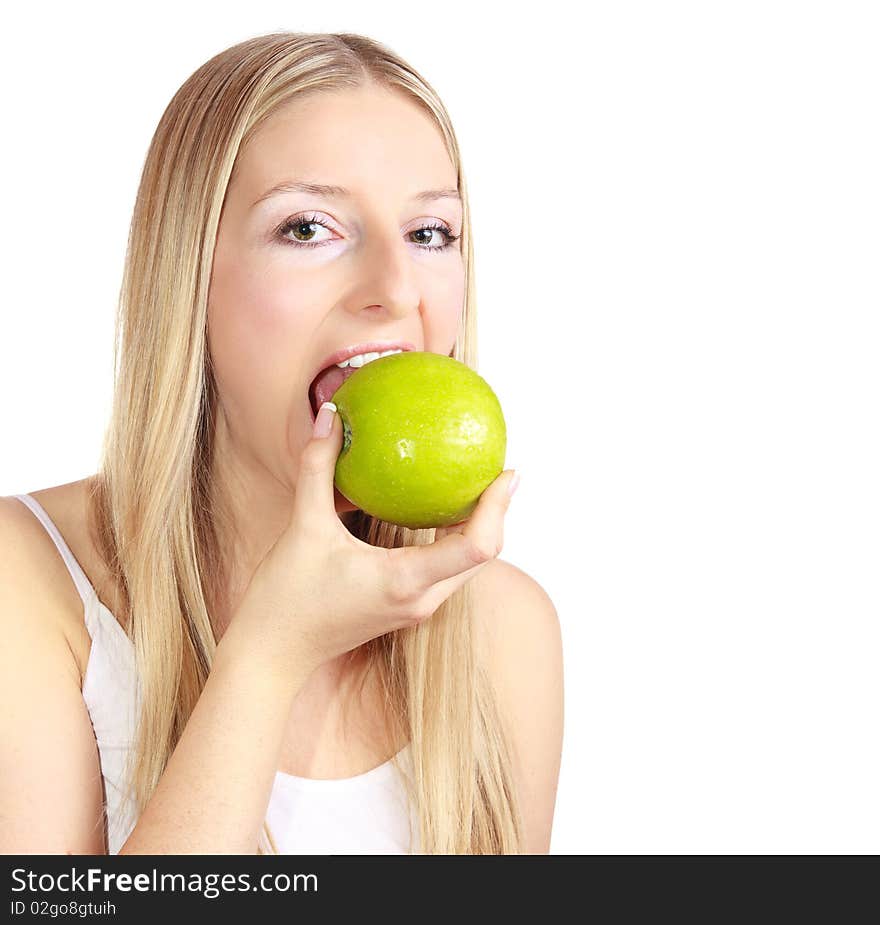 Caucasian blond woman with apple on isolated background