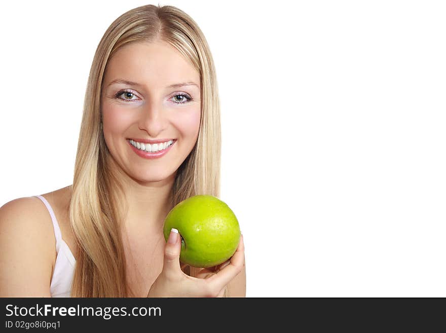 Caucasian blond woman with apple on isolated background