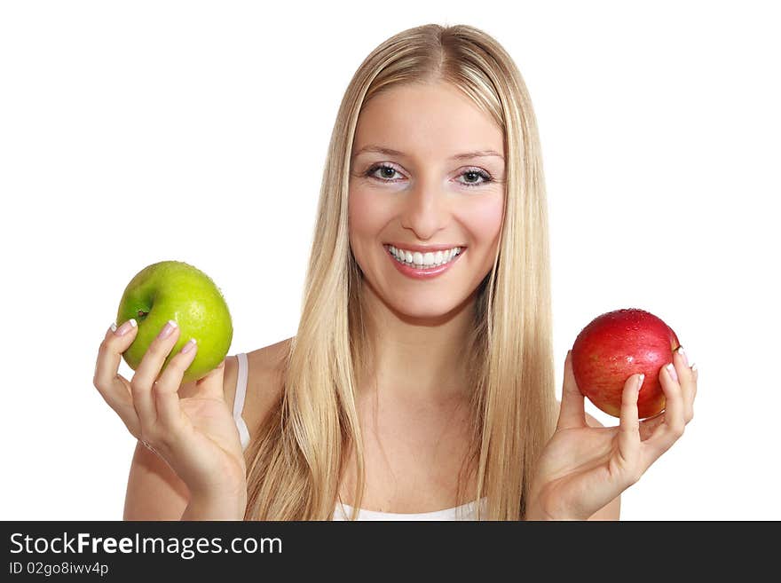 Caucasian blond woman with apple on isolated background