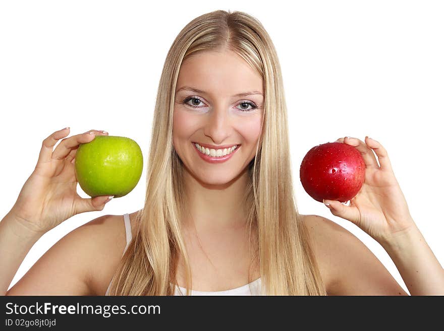 Caucasian blond woman holding apples