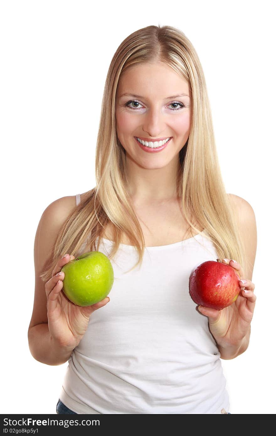 Caucasian blond woman holding apples