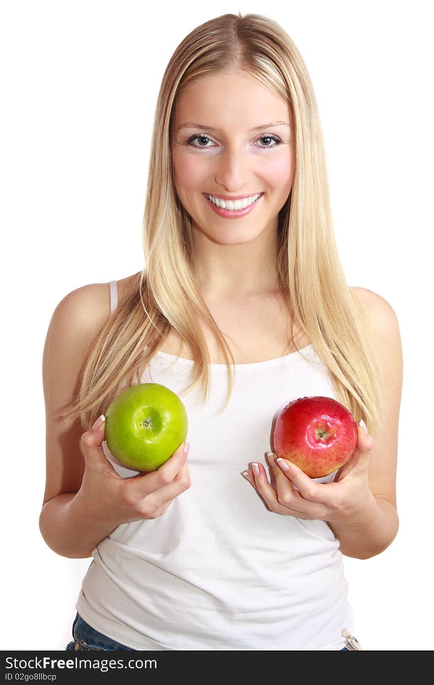 Caucasian blond woman with apple on isolated background