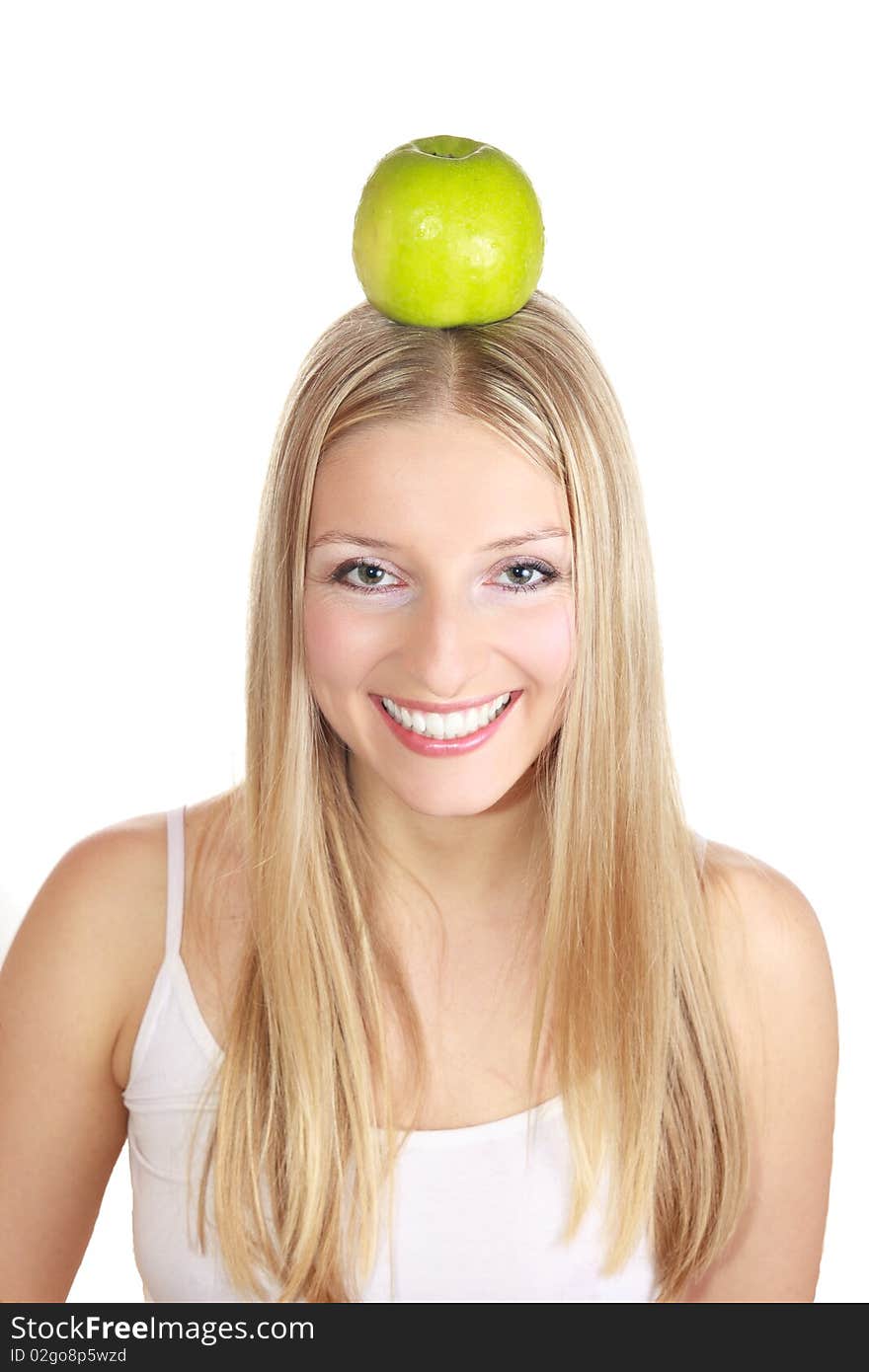 Caucasian blond woman with apple on isolated background. Caucasian blond woman with apple on isolated background